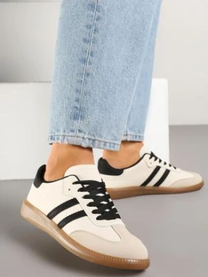 Beżowo-Czarne Płaskie Sneakersy Ozdobione Paskami Glaria