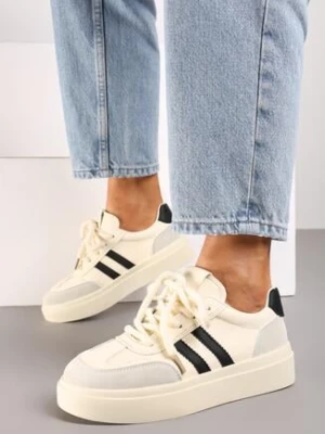 Beżowo-Czarne Sneakersy na Grubej Podeszwie z Paskami i Sznurowaniem Tiariel