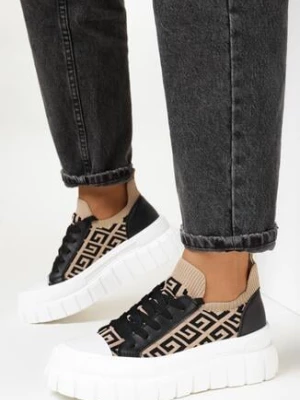 Beżowo-Czarne Sneakersy na Platformie z Geometrycznym Wzorem Lallana