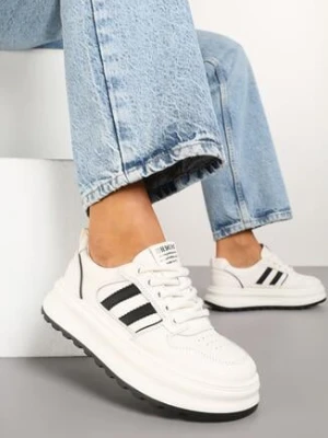 Beżowo-Czarne Sneakersy Ozdobione Paskami Foneria