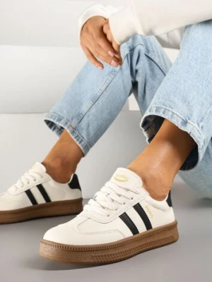 Beżowo-Czarne Sneakersy Sportowe z Ozdobnymi Paskami i Przeszyciami Wenilan shosho