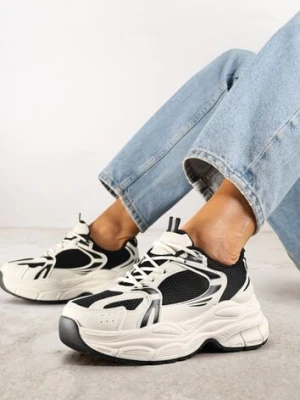 Beżowo-Czarne Sneakersy Vices na Platformie Ozdobione Tłoczeniem Natiselle