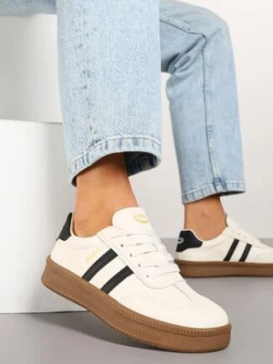 Beżowo-Czarne Sneakersy w Stylu Tenisówek z Paskami na Boku Saliena shosho