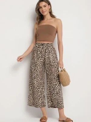 Beżowo-Czarne Spodnie o Szerokim Kroju z Gumką w Talii w Panterkę Filassena defox