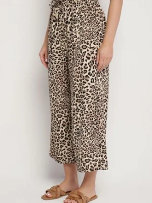 Beżowo-Czarne Spodnie o Szerokim Kroju z Gumką w Talii w Panterkę Filassena defox