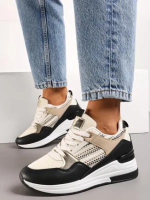 Beżowo-Czarne Sznurowane Sneakersy na Niskim Koturnie Xanthema