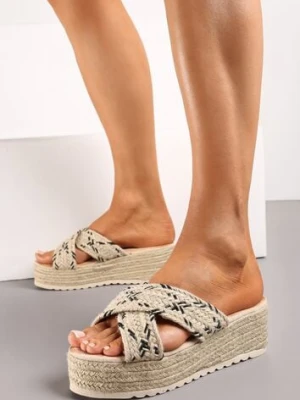 Beżowo-Czarne Wsuwane Klapki na Platformie i Koturnie z Plecionki Lalles