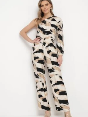 Beżowo-Czarny Asymetryczny Kombinezon na Jedno Ramię z Szerokimi Nogawkami Eriana retro & icone