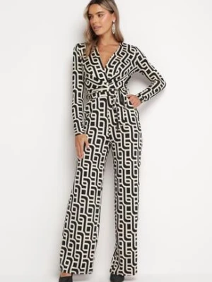 Beżowo-Czarny Długi Kombinezon w Geometryczny Wzór z Wiązanym Paskiem Simita by swan