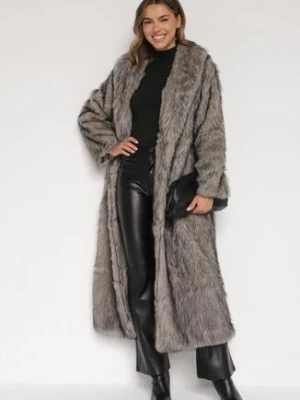 Beżowo-Czarny Długi Płaszcz Futrzany z Kołnierzem Banisse elsa.m by may