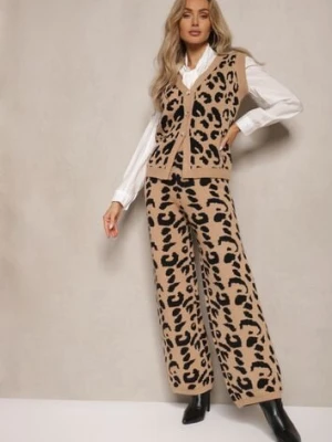 Beżowo-Czarny Komplet w Cętki z Dzianiny z Wiskozą Kamizelka na Guziki i Szerokie Spodnie Elttia