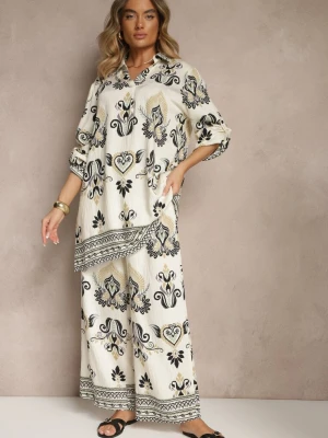 Beżowo-Czarny Komplet z Wiskozą Szerokie Spodnie i Bluzka w Stylu Boho Rinadora M&d Fashion