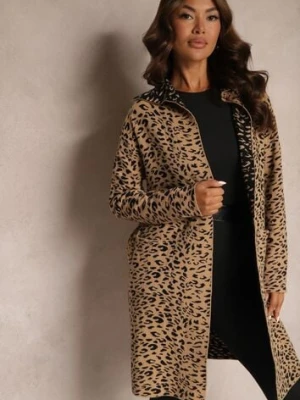 Beżowo-Czarny Niezapinany Kardigan z Kieszeniami w Panterkowy Print Riaverna glo-story