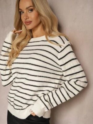 Beżowo-Czarny Sweter Ozdobiony Metaliczną Nitką i Cekinami w Paski Nasemi belcci