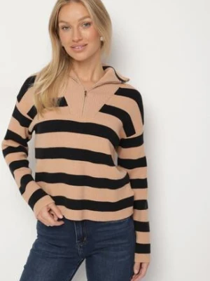 Beżowo-Czarny Sweter w Paski Ozdobiony Suwakiem Amerra glo-story