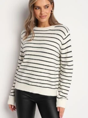 Beżowo-Czarny Sweter w Paski z Cekinami i Metaliczną Nicią Iritalle belcci