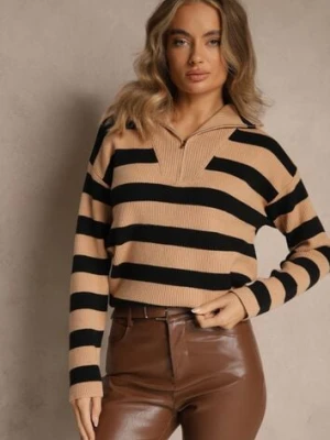 Beżowo-Czarny Sweter w Paski z Suwakiem przy Dekolcie Ralanae glo-story