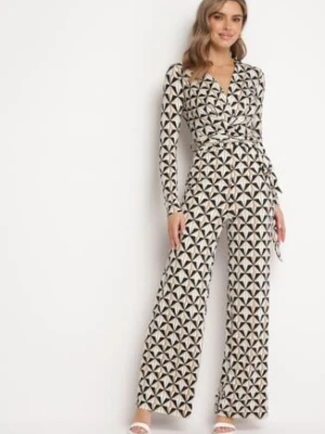 Beżowo-Czarny Taliowany Kombinezon w Geometryczne Wzory z Materiałowym Paskiem Lirasea by swan