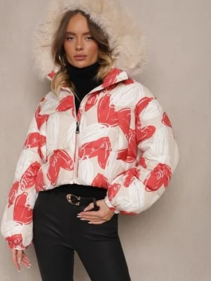 Beżowo-Czerwona Krótka Kurtka z Pikowaniem w Serca z Kapturem i Odpinanym Futrzanym Kołnierzem Enavithra ann gissy