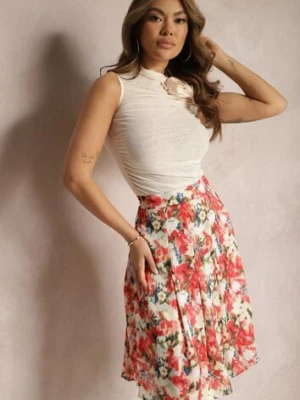 Beżowo-Czerwona Kwiecista Spódnica o Rozkloszowanym Fasonie High Waist Jastaria sophyline