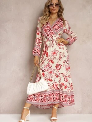 Beżowo-Czerwona Sukienka Maxi z Kopertowym Dekoltem i Gumkami w Pasie Nerene rosa