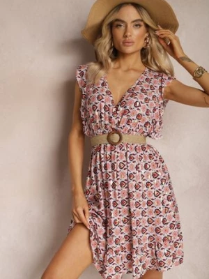 Beżowo-Czerwona Sukienka z Gumką w Talii z Wiskozy w Abstrakcyjny Wzór Lianefa cflo