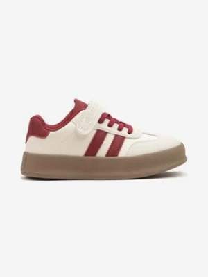 Beżowo-Czerwone Buty Sportowe Sneakersy Tenisówki ze Skórzaną Wkładką i Paskami Felresil