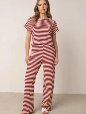 Beżowo-Czerwony Dzianinowy Komplet z Bawełną Ozdobiony Wzorem w Paski Spodnie i Bluzka Amiphisia jumelle