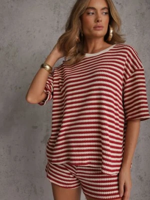 Beżowo-Czerwony Komplet Casualowy z Bawełny Oversize T-shirt i Szorty w Paski Stylizowany na Szydełkowany Pherra jumelle