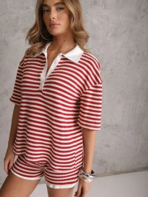 Beżowo-Czerwony Oversizowy Komplet z Dzianiny w Paski Koszulka Polo i Krótkie Spodenki Nanea jumelle