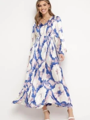 Beżowo-Fioletowa Satynowa Sukienka Maxi Rozkloszowana z Guzikami Ulrina belcci