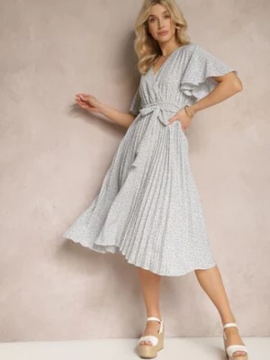 Beżowo-Fioletowa Sukienka o Rozkloszowanym Kroju z Gumką w Talii i Kopertowym Dekoltem z Materiałowym Paskiem Qrissa defox