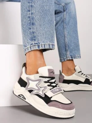 Beżowo-Fioletowe Sneakersy na Grubej podeszwie z Zapięciem na Rzep i Aplikacją na Boku Arforina