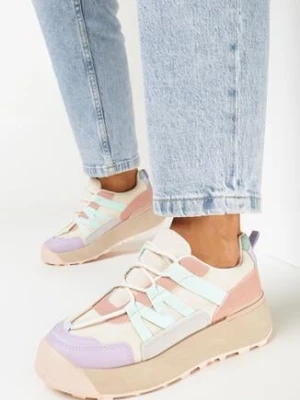 Zdjęcie produktu Beżowo-Fioletowe Sneakersy na Płaskiej Grubej Podeszwie z Imitacji Zamszu Ozdobione Wstawkami z Ekoskóry Mariatta