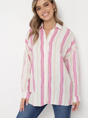 Beżowo-Fuksjowa Bawełniana Koszula w Paski o Luźnym Kroju Lievan melya by melody