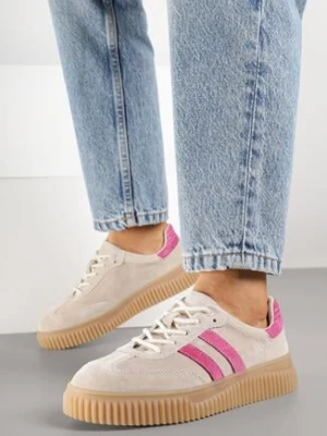 Beżowo-Fuksjowe Skórzane Sneakersy Klasyczne Tenisówki z Zamszu Naturalnego Teniresela