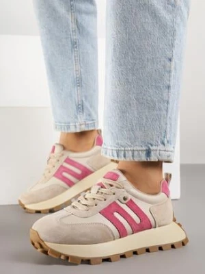 Beżowo-Fuksjowe Skórzane Sneakersy z Geometrycznym Motywem Melussea