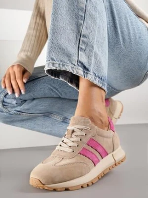 Beżowo-Fuksjowe Skórzane Sneakersy z Ozdobnymi Paskami Felindda goodin