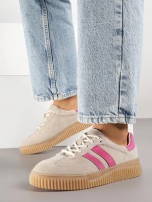 Beżowo-Fuksjowe Sneakersy Typu Tenisówki ze Skórzaną Wkładką Ozdobione Paskami Melissele