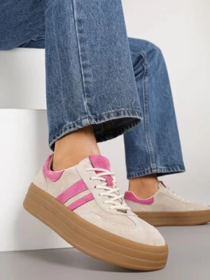 Beżowo-Fuksjowe Sneakersy Zamszowe na Platformie ze Skórzaną Wkładką Ozdobione Paskiem Adivrie goodin