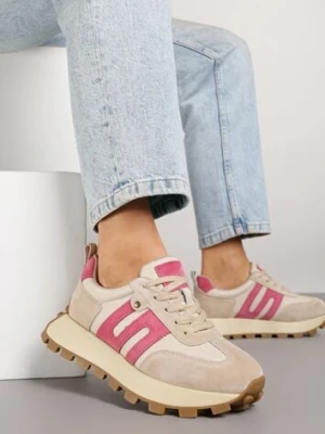 Beżowo-Fuksjowe Sneakersy ze Skóry Naturalnej Ozdobione Geometrycznym Wzorem Melassea goodin