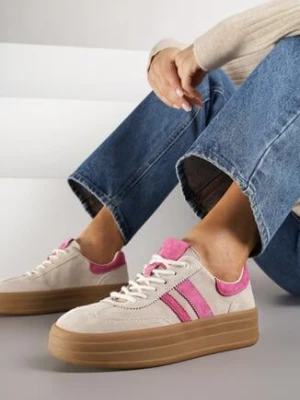 Beżowo-Fuksjowe Zamszowe Sneakersy na Grubej Podeszwie z Paskami i Skórzaną Wkładką Felenne goodin