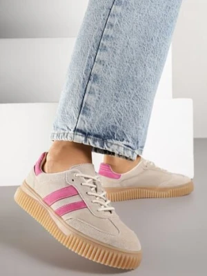 Beżowo-Fuksjowe Zamszowe Sneakersy Tenisówki z Wkładką ze Skóry Naturalnej Ozdobione Tłoczeniem Meluella goodin