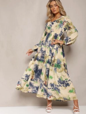 Beżowo-Granatowa Rozkloszowana Sukienka Maxi w Abstrakcyjny Wzór z Guzikami Tiritta