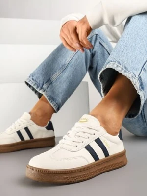 Beżowo-Granatowe Sneakersy Sportowe z Ozdobnymi Paskami i Przeszyciami Wenilan