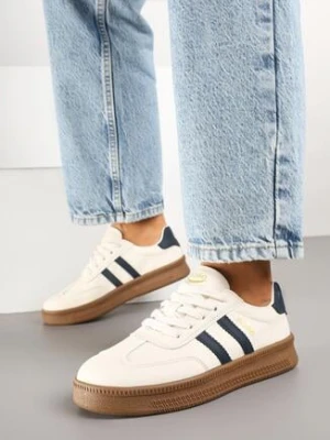 Beżowo-Granatowe Sneakersy w Stylu Tenisówek z Paskami na Boku Saliena