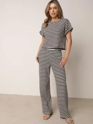 Beżowo-Granatowy Dzianinowy Komplet z Bawełną Ozdobiony Wzorem w Paski Spodnie i Bluzka Amiphisia jumelle