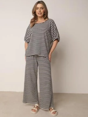Beżowo-Granatowy Dzianinowy Komplet z Bawełny T-shirt i Szerokie Spodnie o Luźnym Fasonie w Paski Nemoress jumelle