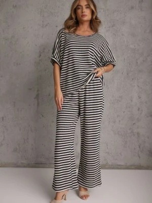Beżowo-Granatowy Komplet Oversize Stylizowany na Dziergany T-shirt i Luźne Spodnie w Paski Relorin jumelle