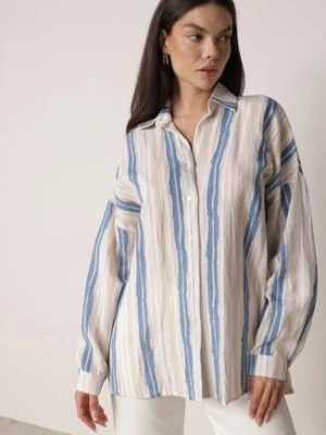 Beżowo-Niebieska Bawełniana Koszula w Paski o Luźnym Kroju Lievan melya by melody
